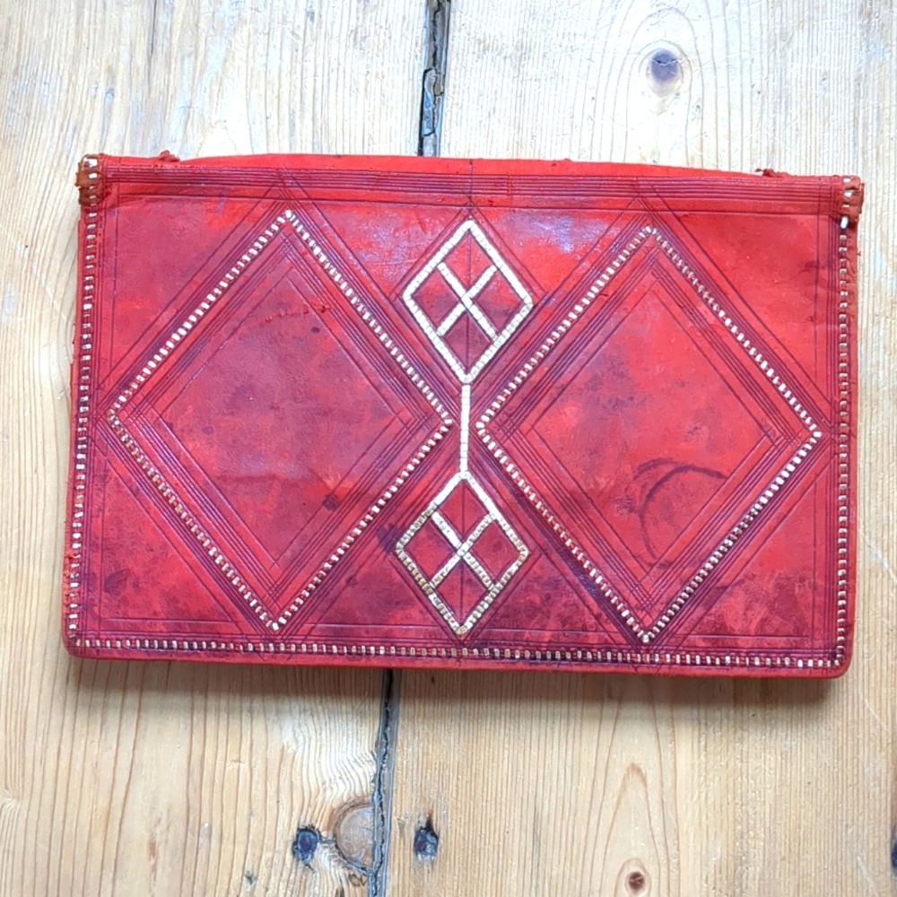 Vintage 1970s Handmade Red Leather Clutch with mirror + 6 pockets
